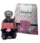 Perfume bottle with pink packaging and decorative box featuring 'Washwashah' branding.