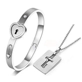 Stainless Steel Bracelet Love Heart Lock Bangle Key Pendants Necklace - Silver