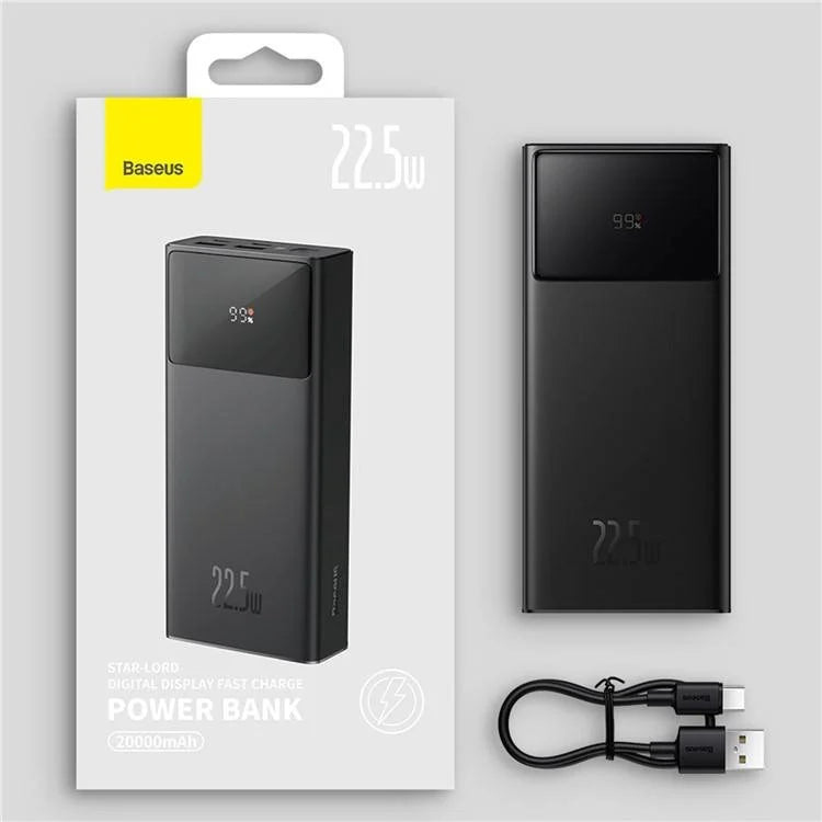 Baseus Star-Lord 20000mAh 22.5W Digital Display Fast Charge Power Bank Black?With Simple Series Charging Cable USB to Type-C 3A 0.3m Black